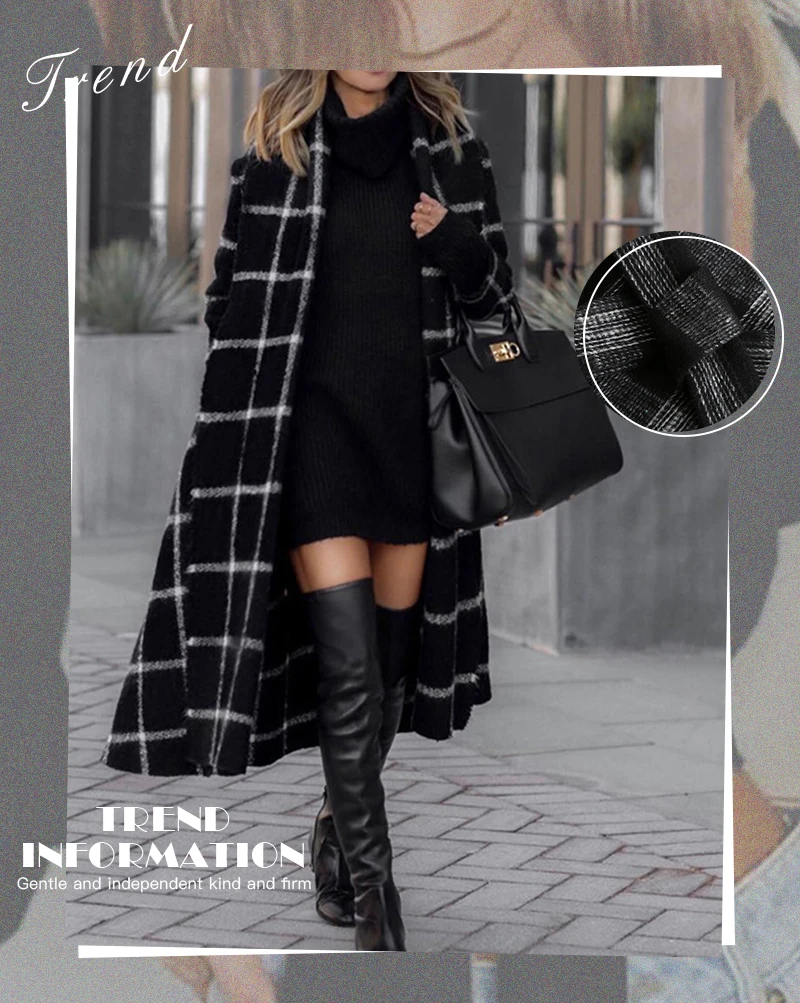 inverno preto casaco de lã das mulheres do vintage xadrez com capuz longo trench coat moda high street blusão jaqueta com cinto blusão