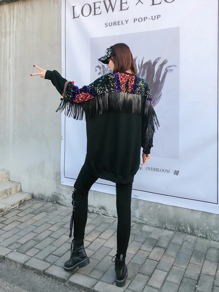 QING MO Черная Женская толстовка Tasseel Женская толстовка с леопардовым принтом с разноцветными пайетками Женская классная Толстовка ZQY2717