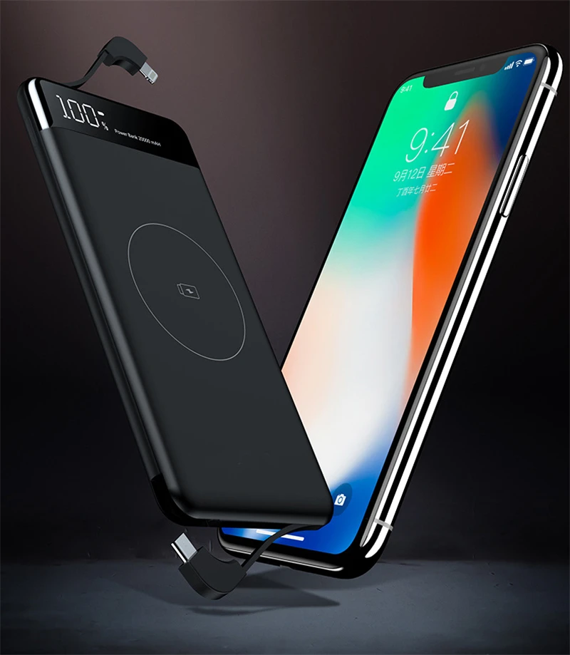 10000mAh Qi Wireless Charger Power Bank for iPhone Samsung Powerbank Quick Portable Charger External Battery Pack Built in Cable 10000mAh Qi Wireless Charger Power Bank for iPhone Samsung Powerbank Quick Portable Charger External Battery Pack Built in Cable