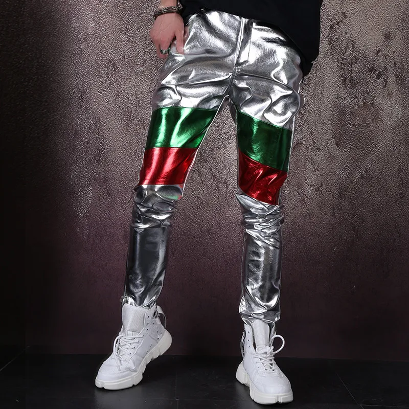 Punk Style Men's Silver PU Leather Pants Casual Pants Nightclub Male Singer Concert Bar Stage Long Pants Hip Hop Dance Costume - Цвет: Silver