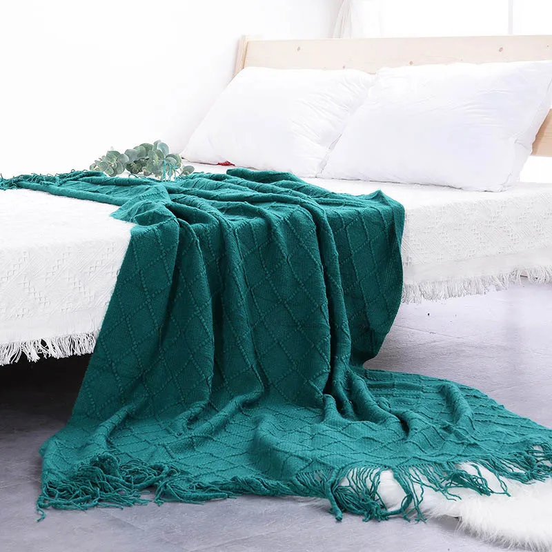 Summer Spring Knitted Air Conditioning Blankets Nap Throw Blankets Nordic Style Solid Color Khaki Grey Blanket for Bed Sofa - Цвет: dark green plaid