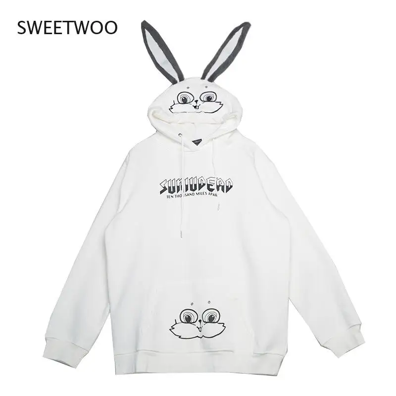 2021 Autumn Winter Couple Matching Hoodie Plush Rabbit Long Ear Hooded Sweatshirt Women Kawaii Thicken Pocket Outwear Plus 3Xl