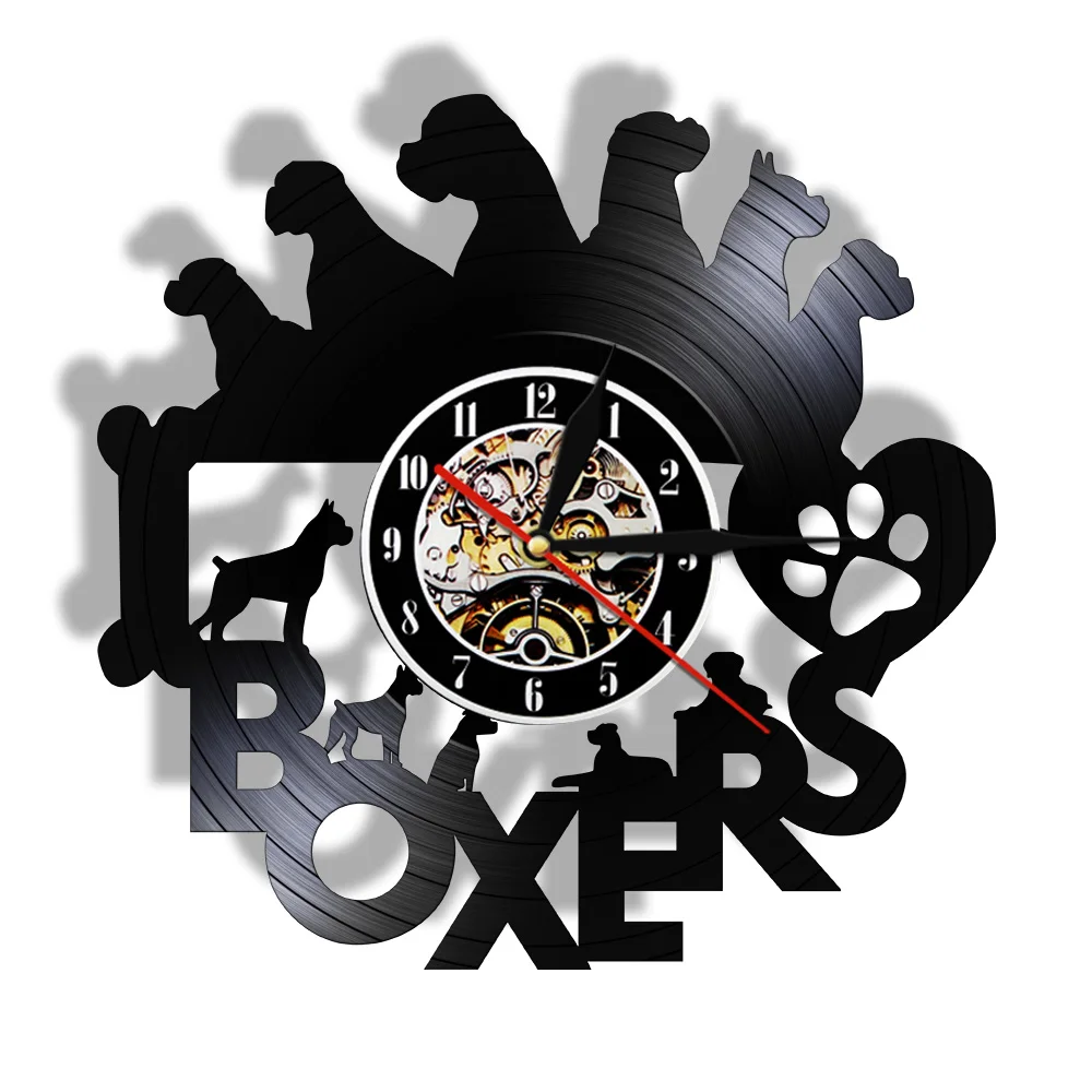 Puppy Dogs Paws Bone I Love Boxer Music Cd Disc Orologio Da Parete Pet Shop Decor Puppy Dog Breed Vinyl Record Clock Orologio Da Parete Vintage
