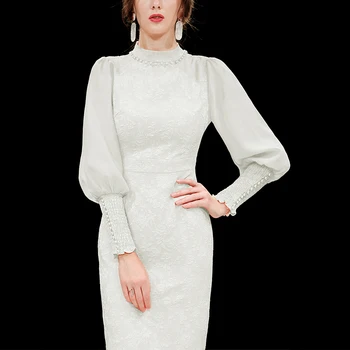 

Seifrmann Women Autumn Fashion Runway Office Pencil Dress Lantern Sleeve Beading Elegant Bodycon Fit Ladies Party Midi Dresses