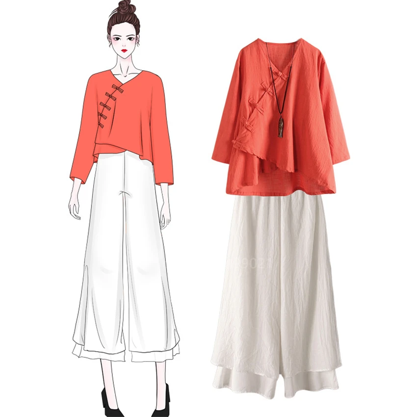 Traditional Chinese Women Tops Retro Casual Solid Linen Tea Set Breathable Tai Chi Hanfu Full Sleeve Buckle Tops Trousers