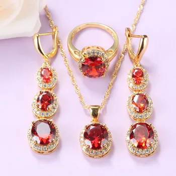 

Gold-Color African Bridal Wedding Jewelry Set For Women Gift Red Garnet Long Earrings Necklace And Ring 3-Piece Sets