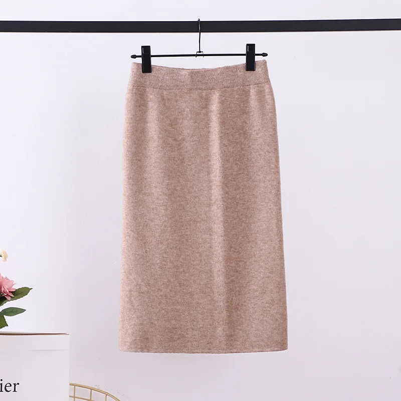 60-90CM Elastic Band Women Skirts Autumn Winter Warm Knitted Straight Skirt Ribbed Ribbed Mid-Long Skirt Black - Цвет: A
