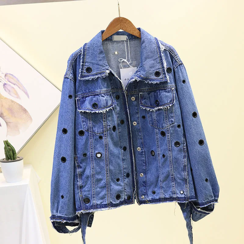 Navy Blue SHENGPALAE, новинка, весна, корейский стиль, длинный рукав, однобортный, с неровными отверстиями, отложной воротник, женское Свободное пальто FR562 - Цвет: Navy Blue