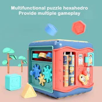 

6in1 Baby Multifunctional Musical Activity Play Cube Gear Geometric Blocks Sorting Box Number Clock Matching Cognition Case Toy
