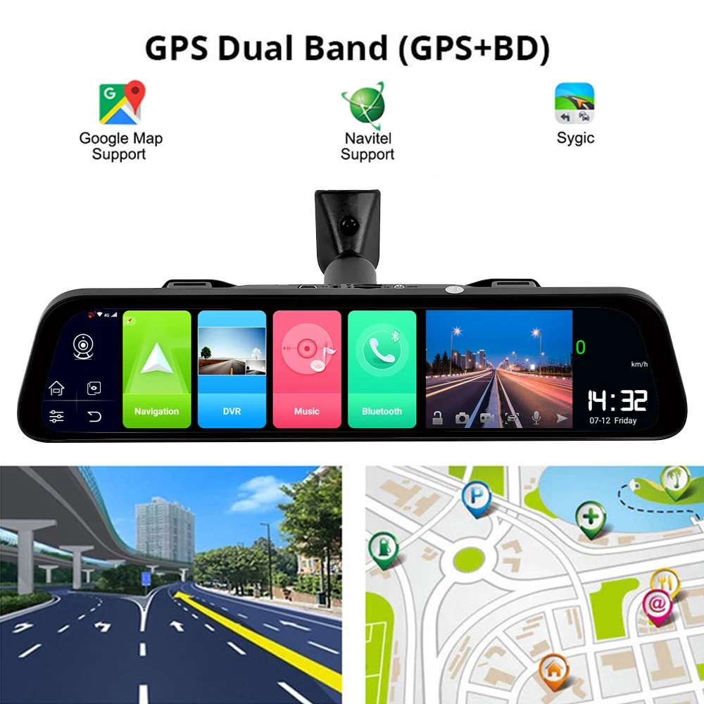 Bluavido 12 Inch 4G Car Mirror DVR GPS Navigation 2G RAM + 32G ROM Android 8.1 Dash Cam Video Recor