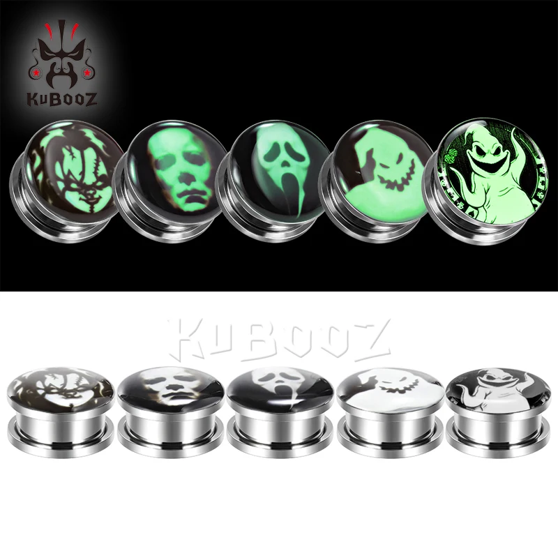 

KUBOOZ Fashion Stainless Steel Luminous Skull Logo Ear Gauges Expanders Earrings Tunnels Plugs Piercing Stud 6mm to 30mm 2PCS
