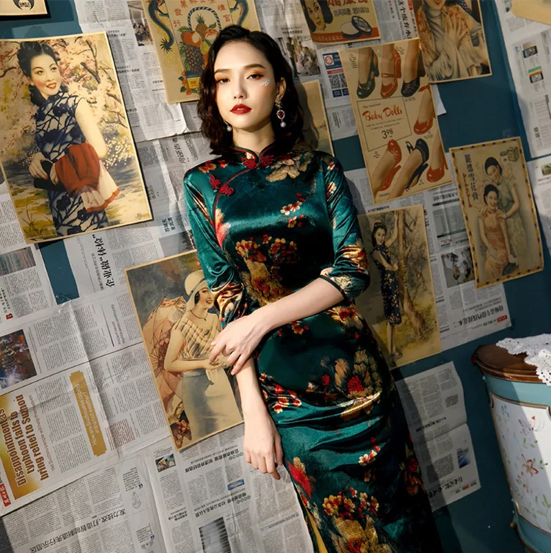 L-5XL, женские осенние велюровые платья Cheongsam, плюс размер, бархатное позолоченное традиционное китайское платье, Зеленое Длинное Qipao