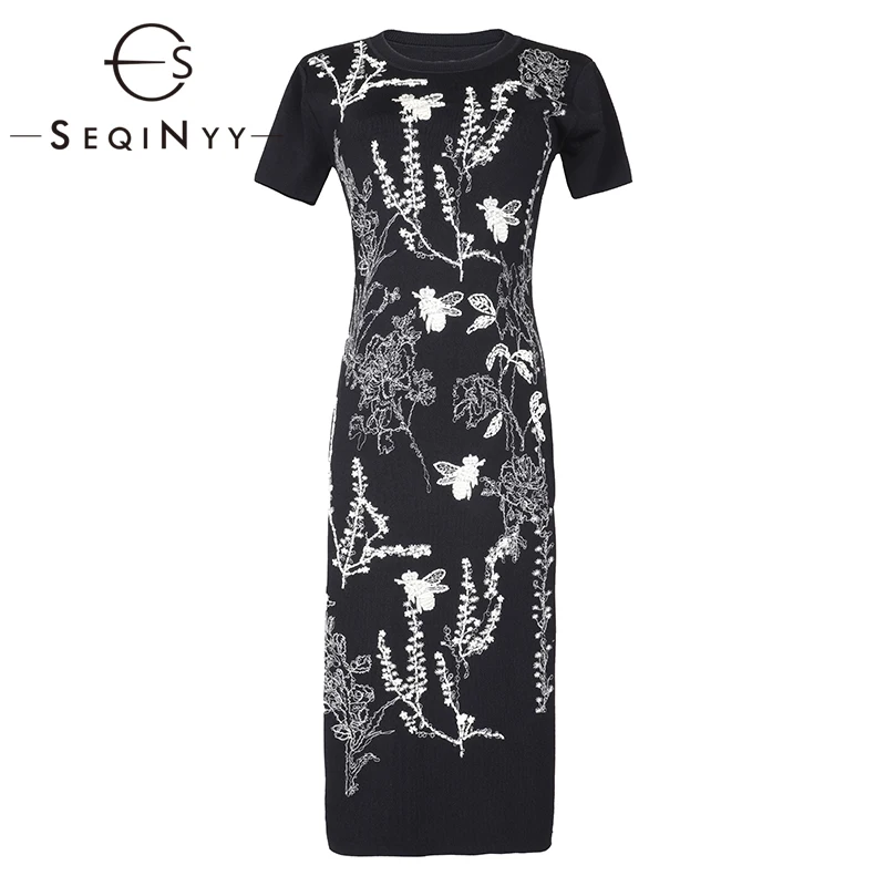 

SEQINYY Knitting Dress 2020 Spring Autumn New Fashion Design Short Sleeve Flowers Embroidery Animals Women Black Sheath Dress