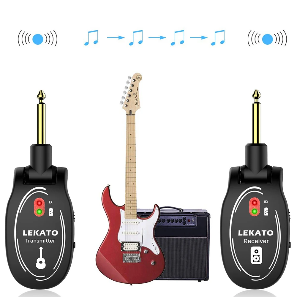 LEKATO L6 UHF Wireless Guitar Bass Audio System Transmitter Receiver 50M Range 4 Channels Built-in Rechargeable