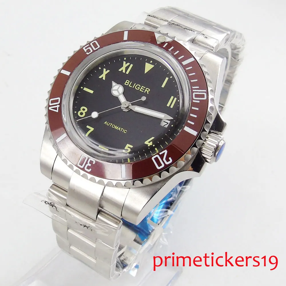

40mm bliger movement black dial date ceramic bezel mental deployment clasp mens watch