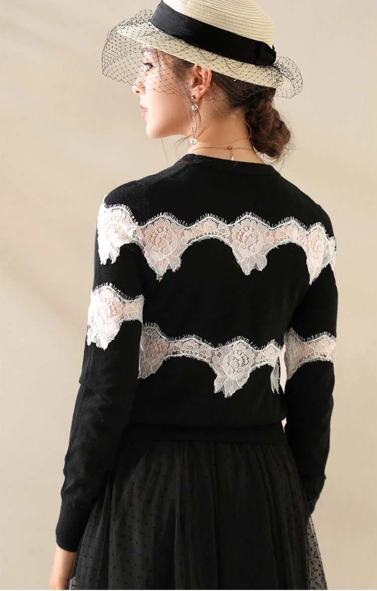 LINGHAN Модные осенние шерстяные свитера женские с длинным рукавом Кружева Сращивания Элегантные повседневные черные вязаные пуловеры свитера