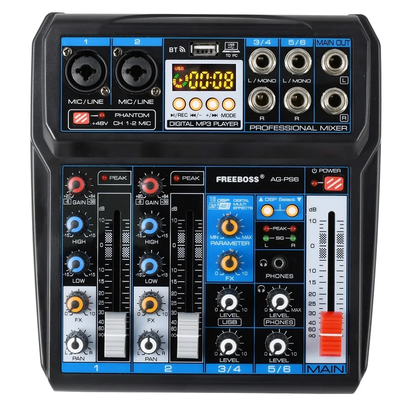 AG-PS6 DC 5V Power Supply USB Interface 6 Channel 2 Mono 2 Stereo 16 Digital Effects Audio Mixer