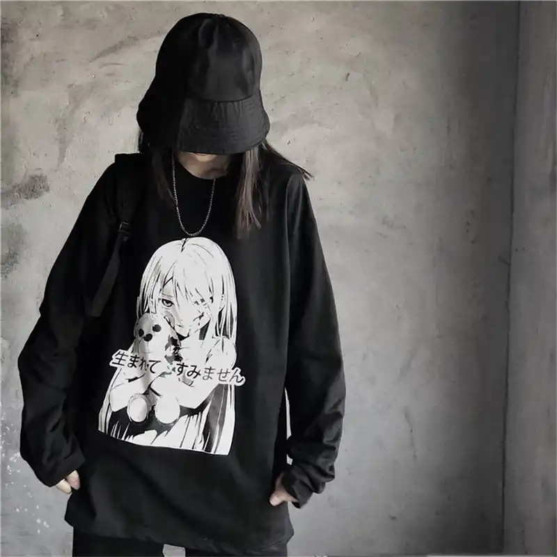 Harajuku Japanese Dark Anime Print Women T Shirt O Neck Long Sleeve Casual Loose Female T Shirt Streetwear Japan Punk T Shirts T Shirts Aliexpress