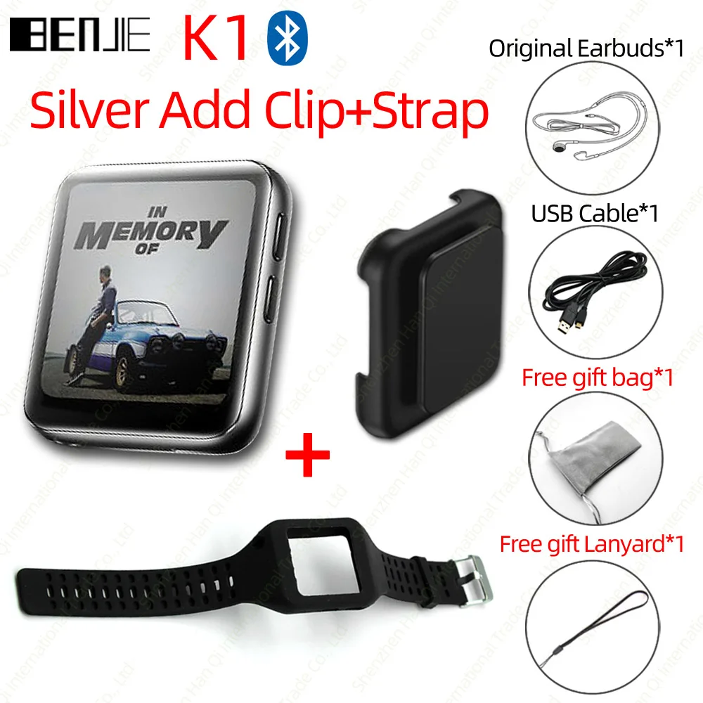 BENJIE K1 полный сенсорный экран Bluetooth MP3 плеер с fm-радио, рекордер, электронная книга портативный аудио 8 Гб 16 Гб мини клип музыкальный плеер - Цвет: Silver with Strap
