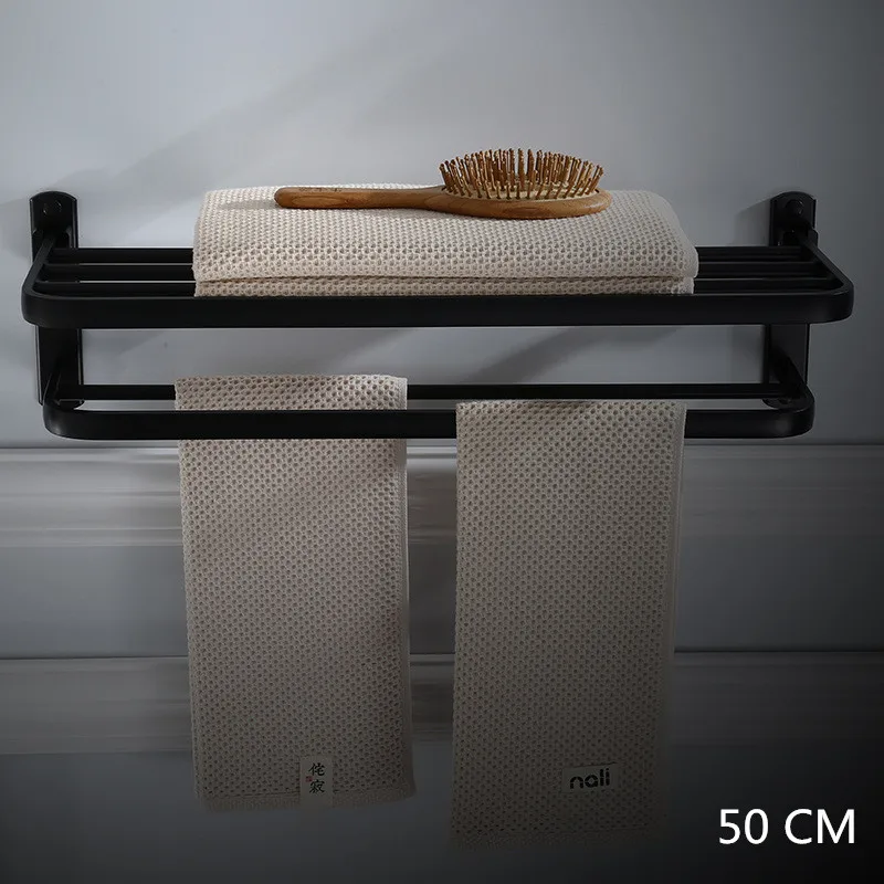Vidric держатель для полотенец для ванной комнаты с двумя полосками алюминиевый черный держатель для полотенец Складной настенный держатель для полотенец 50-60 см вешалка для полотенец - Color: black 50cm