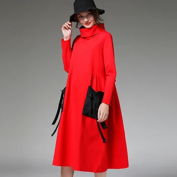 

Winter Dresses Plus Size Women Casual Fashion Red Pocket Turtleneck Basic Elegant Party Dress All Match Winter Autumn Female