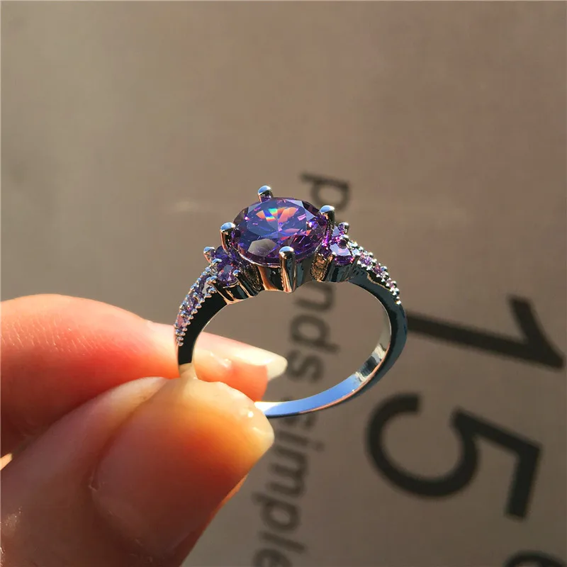 Elegant Female Big Purple Stone Ring Cute 925 Sterling Silver Finger Ring Wedding Band Promise Engagement Rings For Women