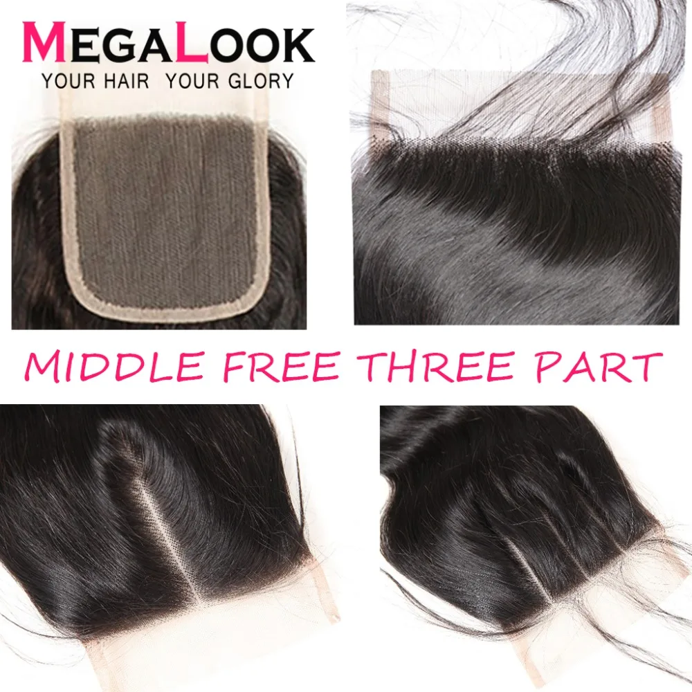 Megalook 4*4 швейцарское кружево Закрытие бразильские Прямые Remy человеческие волосы закрытие натуральный цвет 10-22 дюймов