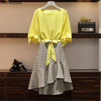 

2020 Summer Korean Fashion 2 Piece Skirt Sets Outfits Women Plus Size Yellow Tops + Plaid Asymmetrical Skirt Office Elegant Sets