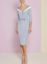 3/4 Sleeves Mother Of The Bride Dresses Sheath V-neck Knee Length Beaded Plus Size Short Groom Mother Dresses For Wedding