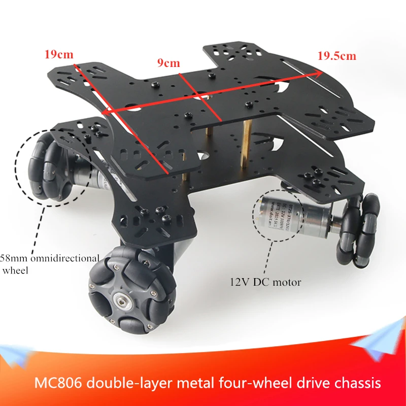 MC806 Double-layer Metal Four-wheel Drive Chassis 58mm Omnidirectional Wheel with 4pcs DC Motors DIY Smart RC Metal Chassis