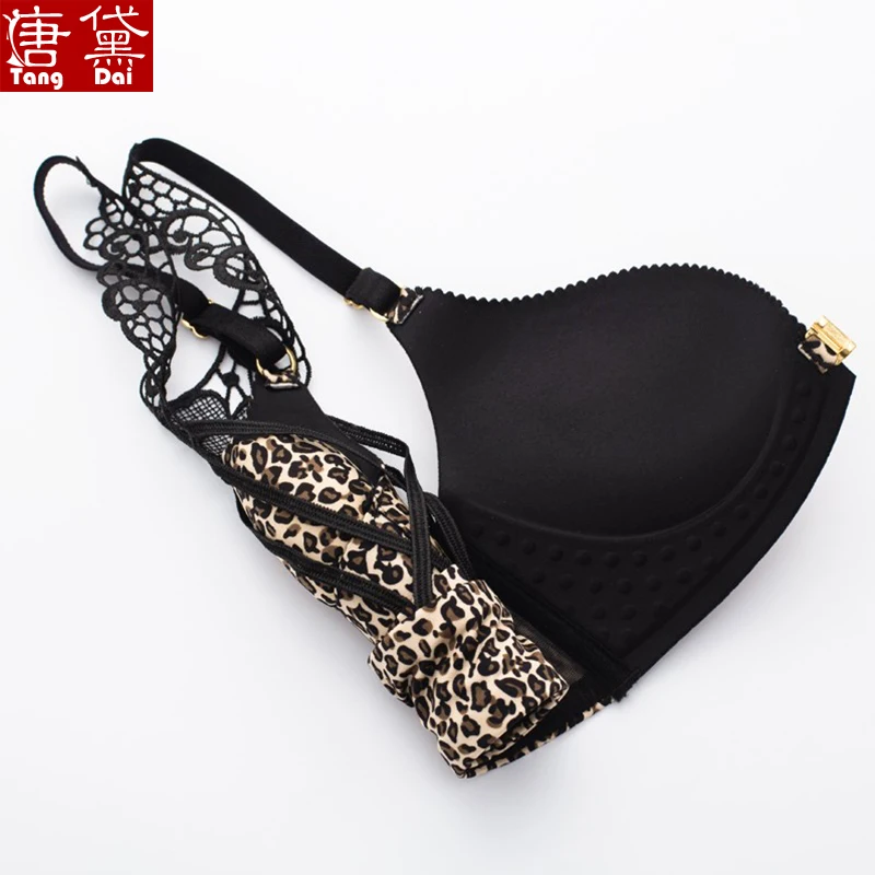 tangdai Top support small chest leopard print underwear girl without steel ring sexy gathered bra front button back bra set