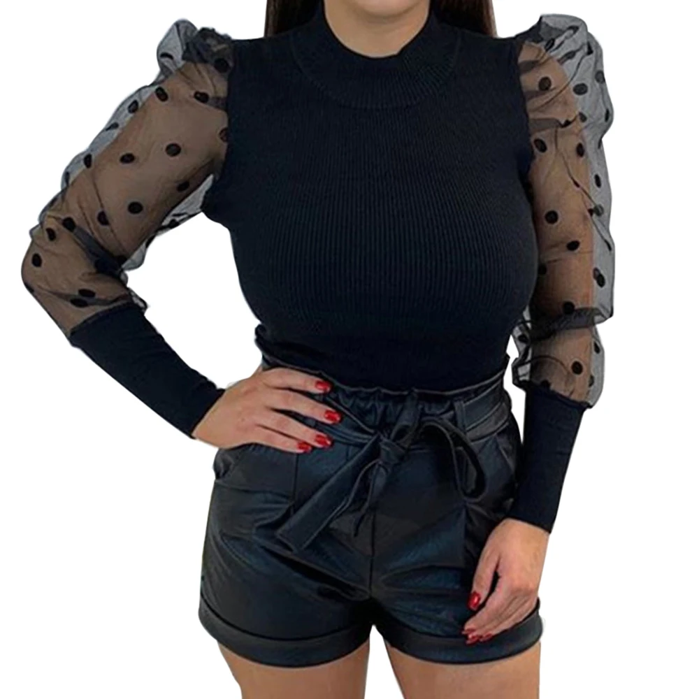 

Adisputent 2020 New Spring Women Turtleneck Sweater Ladies Knitted Ribbed Spotted Polka Dots Mesh Puff Sleeve Jumper Top Sweater