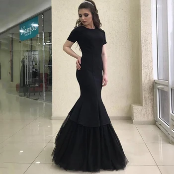 

Eightree Mermaid Evening Dresses Short Sleeves Tiered Tulle Floor Length Simple Black Prom Party Gown O Neck Trumpet Formal Gown