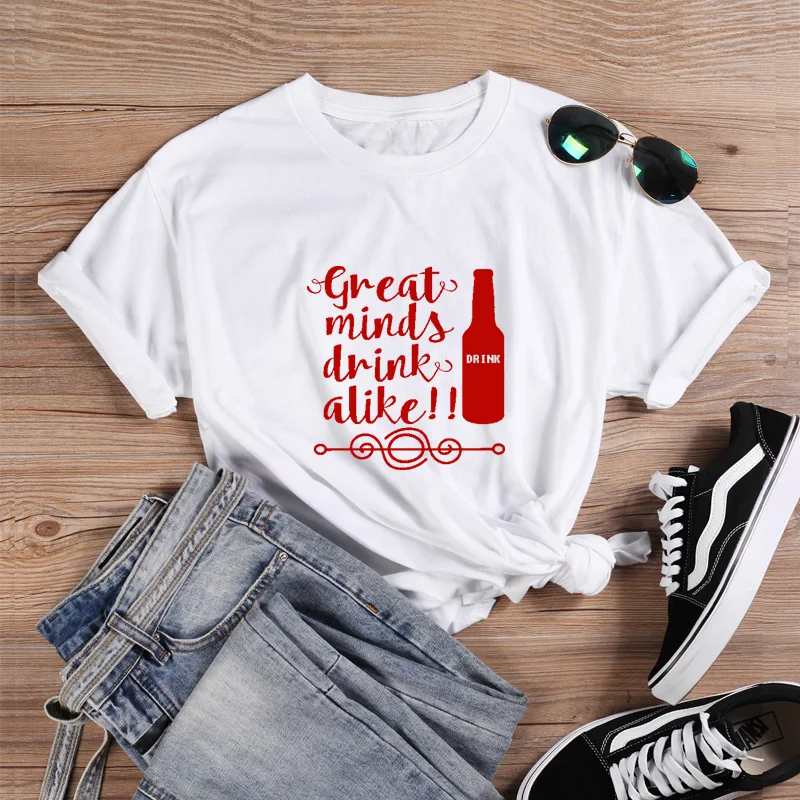 ONSEME веселая Рождественская Футболка женская футболка с надписью «Great Minds Drink» летняя футболка с круглым вырезом и короткими рукавами розовая футболка Q-819