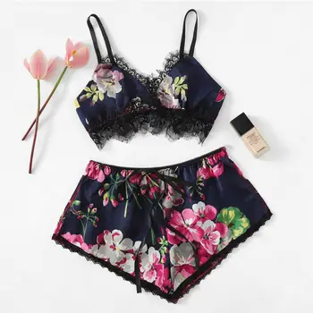 

Lace Trim Floral Print Satin Sexy Women Lingerie Set Boho Wireless Intimates Femme Bra Underwear Set