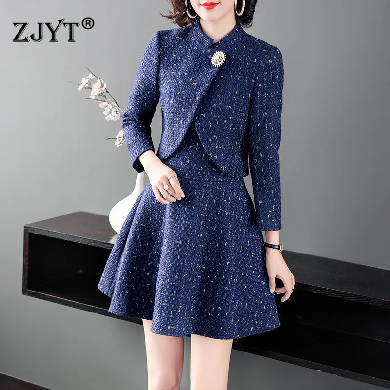 High Quality Runway Fashion Fall Winter Dress Woman Clothes New Elegant Short Tweed Woolen Jacket+Tank Dress 2piece Sets