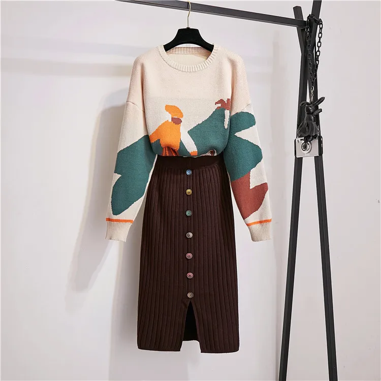 2 piece set VERHELLEN Трикотажные Женский комплект 2 шт. с рисунком из мультфильма осень зима женские пуловеры с длинным рукавом с котом свитера+ юбки до середины икры костюмы - Цвет: 2 piece set