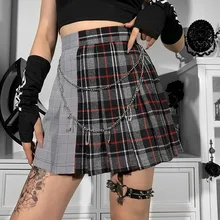 

【with Removable Chain】Grunge Red Plaid Punk Skirt Y2K Gothic ALine Mini Club Wear Harajuku Streetwear Sexy Patchwork Skirt EGirl
