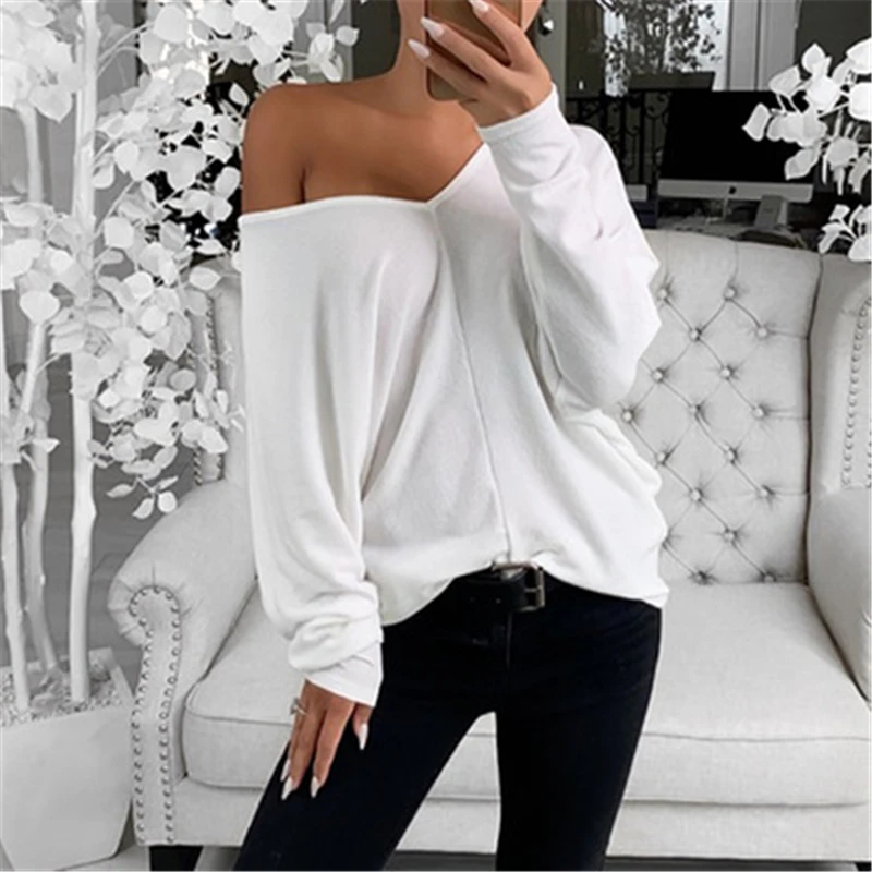 

Bat Sleeve Spring Autumn Women Tshirt Long Sleeve Thin Casual Loose Plus Size V-Neck T-Shirt Solid Color Fashion Street Tee Tops
