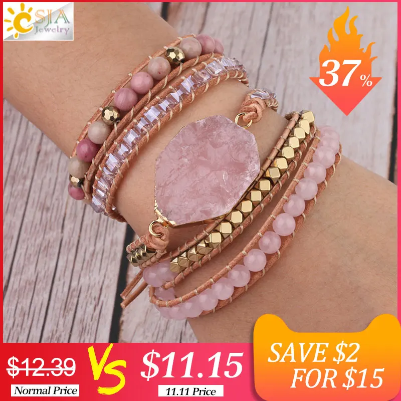 Kaufen CSJA Natürliche Stein Armband Rosa Quarz Leder Wrap Armbänder für Frauen Rose Edelsteine Kristall Perlen Böhmen Schmuck 5 Strang S308