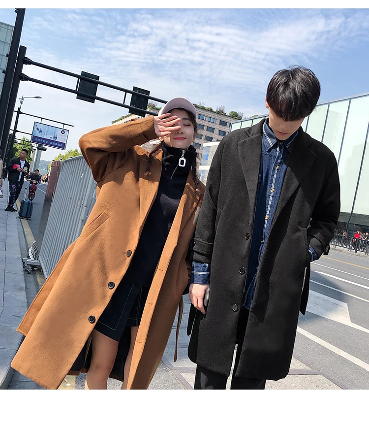 Autumn New Korean Version Of The Couple Long Section Long-sleeved Solid Color Lapel To Send Belt Men's Casual Woolen Coat