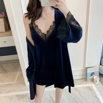 

Velour Casual 2PCS Nighty&Robe Suit Sleepwear Lady Sexy Intimate Lingerie Velvet Kimono Bathrobe Gown Home Dress Nightwear