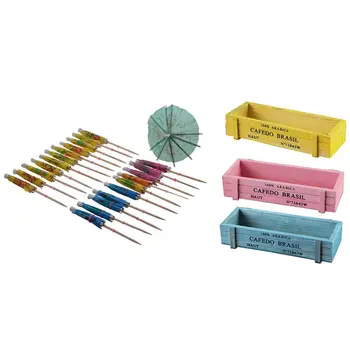 

24 Mixed Paper Cocktail Umbrellas Parasols Party Drinks & 3x Garden Plant Pot Decorative Vintage Succulent Wooden Boxes