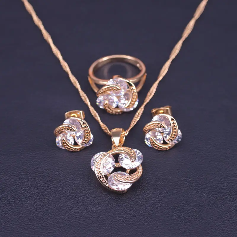 1 Set Warna Emas Putih Cubic Zircon Lingkaran Beruntung Set Perhiasan Pesona Kalung Anting-Anting Wanita Gadis Anak-anak Natal Hadiah