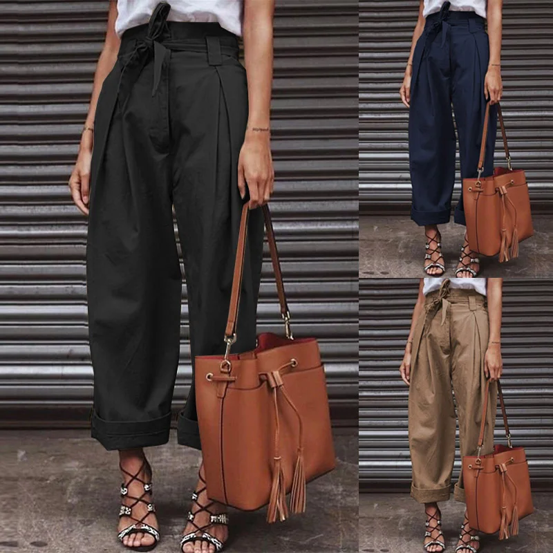 

ZANZEA Cotton Linen Pants High Waist Paper Bag Pants Belted Zipper Work Chic Trousers Elegant Lady Wide Leg Streetwear Plus Size