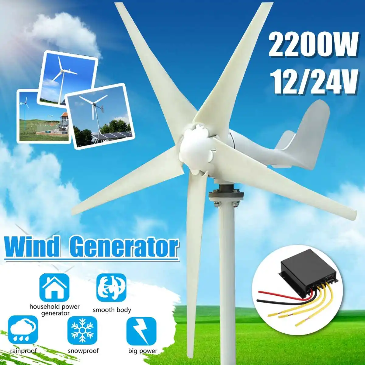 

3 Phase 2200W 12V/24V Horizontal-Axis 5-Blades Wind T urbine Generator AC Permanent Magnet Synchronous Residential Generator
