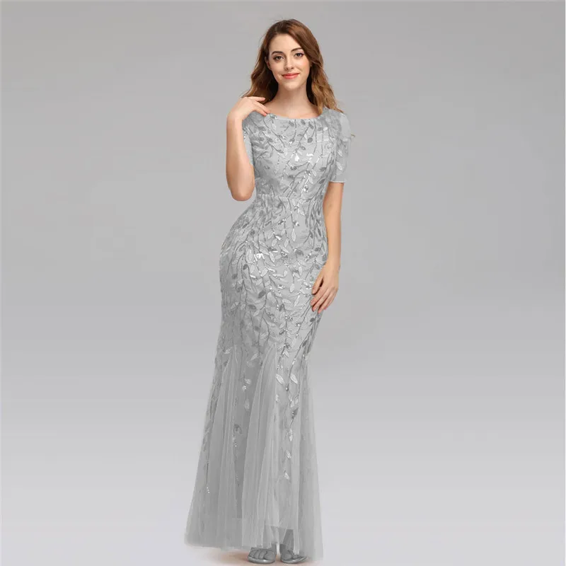 Beauty Emily O Neck Sequins Long Appliques Evening Dresses Short Sleeve Tiered Hems Prom Gowns Pleated Vestido de noche
