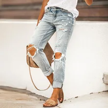 

2021 summer new style European and American stretch wash hole straight street style denim trousers women