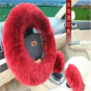 

3PCs Universal Car Plush Cover Fuzzy Steering Wheel Cover Wool Fur Mat Gear Knob Shifter Brake Cover
