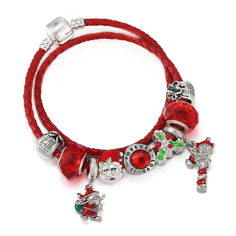

Hot Sale Red Leathe Charm Bracelet With Santa Claus Pendants DIY Fashion Brand Bracelet Christmas Jewelry Gift For Women Kids